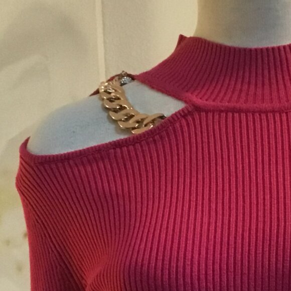 GUESS Ribbed Halter Sweater Pullover Cutout Chains Long Sleeve Logo Pink S - Picture 4 of 6